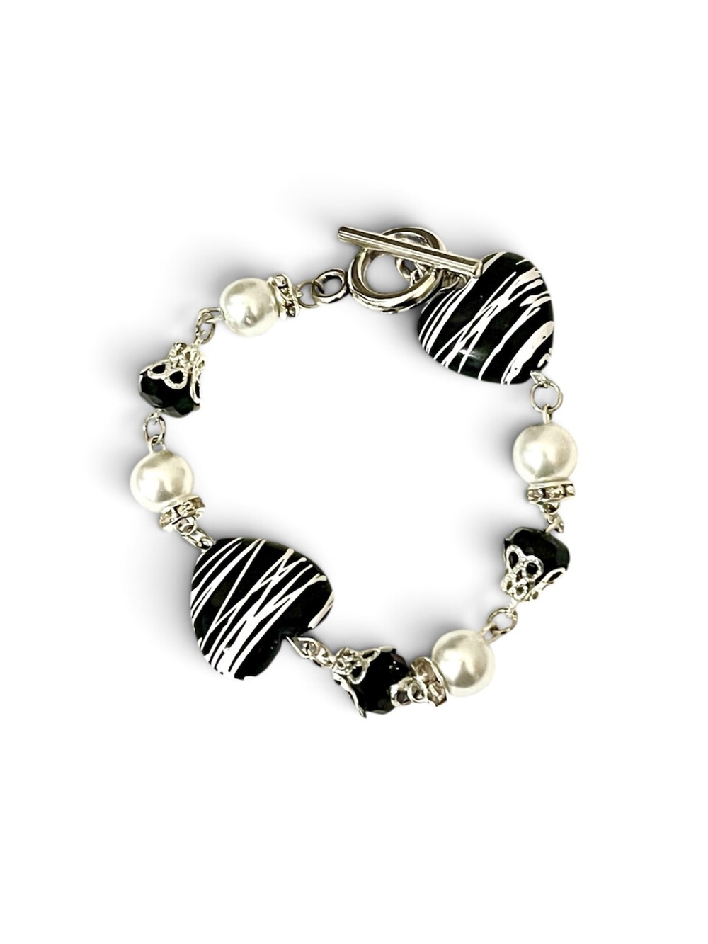 Handmade Goth Grunge Black White Striped Heart Charm Bracelet Faux Pearl Beads